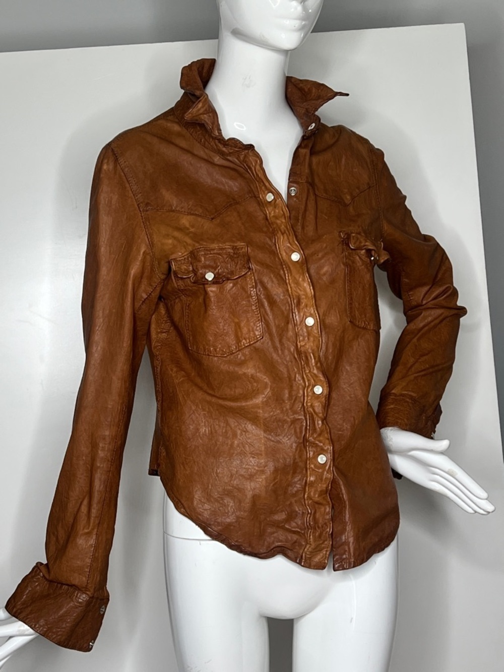 All Saints Sz XS (14) Snap Front Distressed Leather Shirt